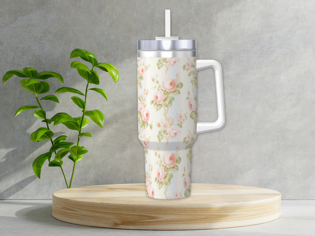 40oz Insulated Pink Rose Shabby Chic Tumbler