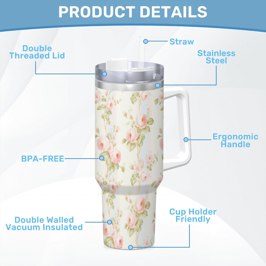 40oz Insulated Pink Rose Shabby Chic Tumbler