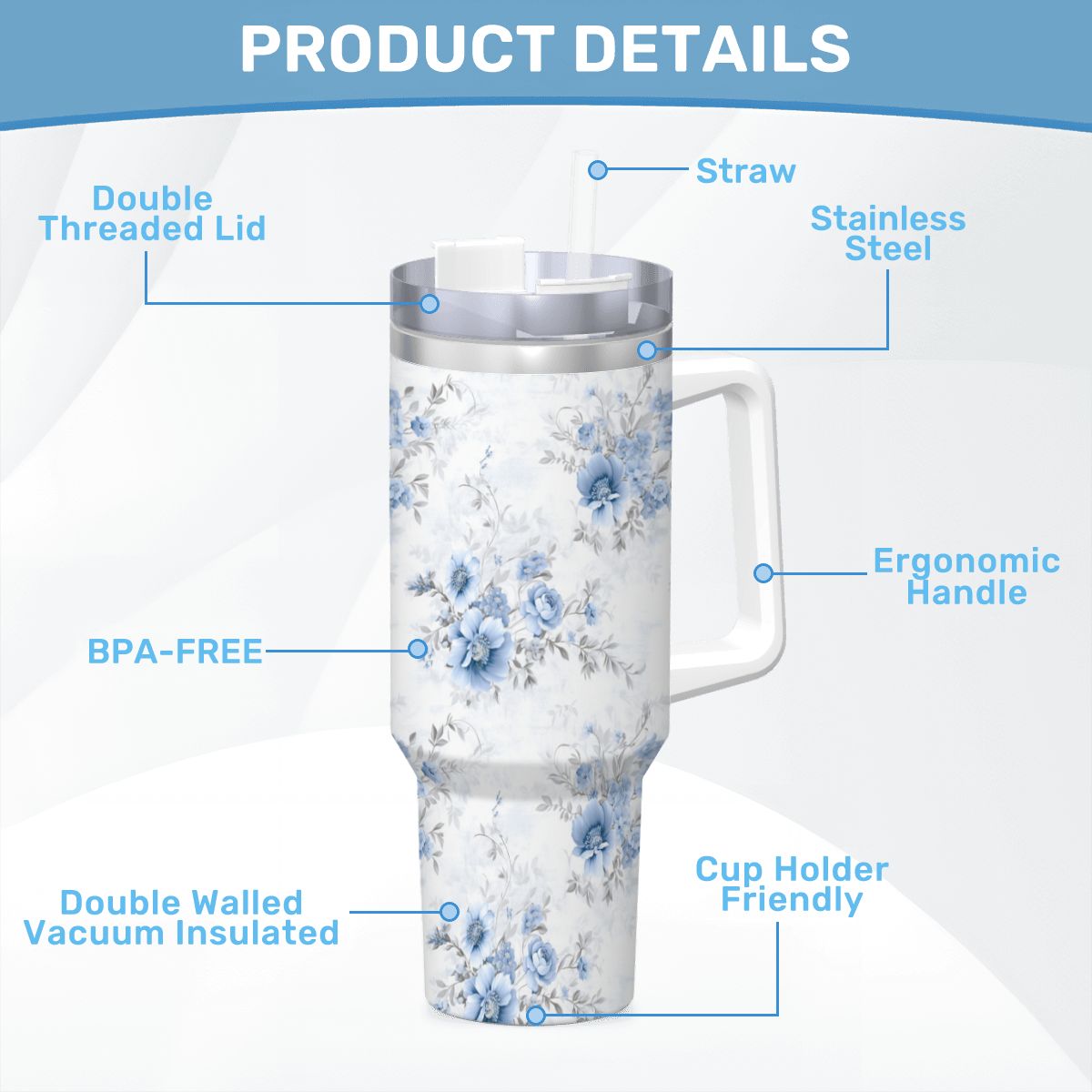 40oz Insulated Blue and Gray Shabby Chick Tumbler